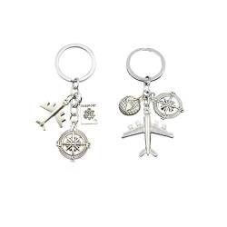 HCHES 2 Stück Personalisiert Schlüsselanhänger mit Flugzeug,Kompass Anhänger Geschenk Glücksbringer für Piloten und Reisende Paar Auslandsjahr Abschiedsgeschenk von HCHES