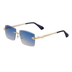Rechteckige Randlose Sonnenbrille Herren Metall Rahmenlose Sonnenbrille Damen Quadratische Sonnenbrille Damen Shades,C6 Blau Gelb,Mit der Box von HCHES