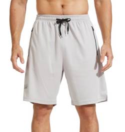 HCSS Herren Sport Shorts Kurze Hose Schnell Trocknend Basketball Shorts Sommer mit Reißverschlusstasche(Grau-L) von HCSS