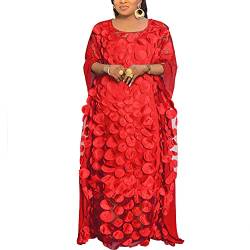 HD Damen-Kleid mit Blumen-Applikationen im afrikanischen Stil, U-Boot-Ausschnitt, Chiffon-Kaftan, Einheitsgröße, Rot/Ausflug, einfarbig (Getaway Solids), Einheitsgröße von HD