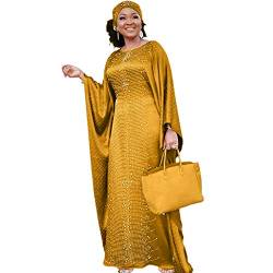 HD Langes afrikanisches Kleid für Frauen, Mode, Perlenstickerei, Strass, Kaftan, Maxikleid - Gelb - Einheitsgröße von HD