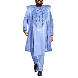 HD Traditionelle afrikanische Kleidung für Männer nigerianischer Mann Agbada Stickerei Bazin Rhiche Boubou Dashiki Outfit, Blau-69, 3XL von HD