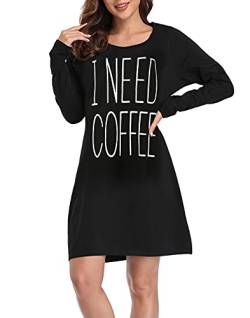 HDE Damen Nachtwäsche Baumwolle Nachthemden Langarm Sleepshirt Print Nachthemd, Brauchen Sie Kaffee, Large-X-Large von HDE