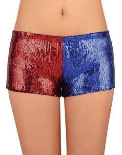 HDE Damen Rot und Blau Metallic Pailletten Booty Shorts für Harley Misfit Halloween Kostüm, rot/blau, Klein von HDE