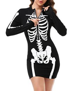 HDE Damen Skelett Kleid Halloween Kostüm Dehnbar Langarm Minikleid, schwarz, Mittel von HDE