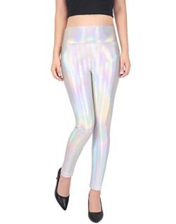 HDE Glänzende holografische Leggings für Damen, flüssige metallische Hose, schillernde Strumpfhose, Holografisch, Klein von HDE