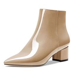 HDEUOLM Damen Chunky Blockabsatz Absatz Heel Spitze Zehenkappe Stiefeletten Reißverschluss Slip-on Klassisch Dress Stiefel 5 CM Heels Beige 39 EU von HDEUOLM