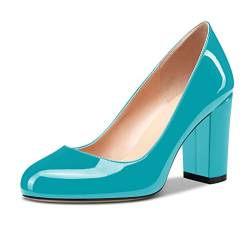 HDEUOLM Damen Chunky Blockabsatz Hoher High Absatz Heel Geschlossene Runde Zehenkappe Pumps Slip-on Hochzeit Büroschuhe Cute Schuhe 8CM Heels Cyan Lackleder 40 EU von HDEUOLM