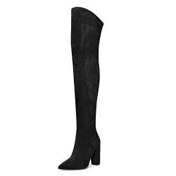 HDEUOLM Damen Chunky Blockabsatz Hoher High Absatz Heel Geschlossene Spitze Zehenkappe Überknie Stiefel Reißverschluss Sexy Klassisch Schuhe Schwarz 40 EU von HDEUOLM