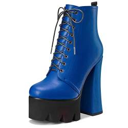 HDEUOLM Damen Chunky Blockabsatz Hoher High Plateau Plattform Absatz Heel Runde Zehenkappe Stiefeletten Schnüren Schnürung Reißverschluss Klassisch Schuhe Blau B 35 EU von HDEUOLM