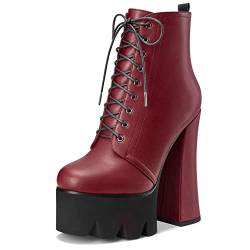 HDEUOLM Damen Chunky Blockabsatz Hoher High Plateau Plattform Absatz Heel Runde Zehenkappe Stiefeletten Schnüren Schnürung Reißverschluss Klassisch Schuhe Burgund Rot 42 EU von HDEUOLM