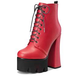 HDEUOLM Damen Chunky Blockabsatz Hoher High Plateau Plattform Absatz Heel Runde Zehenkappe Stiefeletten Schnüren Schnürung Reißverschluss Klassisch Schuhe Rot 38 EU von HDEUOLM