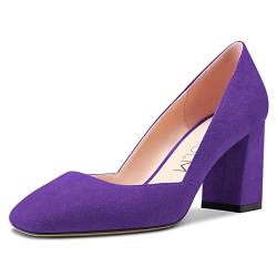 HDEUOLM Damen Chunky Blockabsatz Mittlerem Absatz Heel Eckige Zehenkappe Pumps Slip-on Hochzeit Büroschuhe Klassisch 7.5 cm Heels Schuhe Violett 39 EU von HDEUOLM