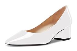 HDEUOLM Damen Chunky Blockabsatz Mittlerem Absatz Heel Geschlossene Eckige Zehenkappe Pumps Slip-on Hochzeit Klassisch Schuhe 5 cm Heels Weiß Lackleder 38 EU von HDEUOLM