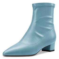 HDEUOLM Damen Chunky Blockabsatz Niedrige Absatz Heel Geschlossene Spitze Zehenkappe Stiefeletten 3.5 CM Heels Slip-on Klassisch Dress Reißverschluss Schuhe Blau Matt A 37 EU von HDEUOLM