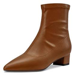 HDEUOLM Damen Chunky Blockabsatz Niedrige Absatz Heel Geschlossene Spitze Zehenkappe Stiefeletten 3.5 CM Heels Slip-on Klassisch Dress Reißverschluss Schuhe Braun Matt 36 EU von HDEUOLM