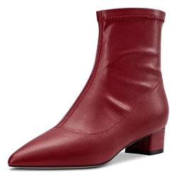 HDEUOLM Damen Chunky Blockabsatz Niedrige Absatz Heel Geschlossene Spitze Zehenkappe Stiefeletten 3.5 CM Heels Slip-on Klassisch Dress Reißverschluss Schuhe Rot Matt 40 EU von HDEUOLM