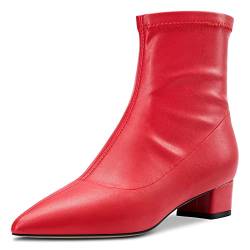 HDEUOLM Damen Chunky Blockabsatz Niedrige Absatz Heel Geschlossene Spitze Zehenkappe Stiefeletten 3.5 CM Heels Slip-on Klassisch Dress Reißverschluss Schuhe Rot Matt A 42 EU von HDEUOLM