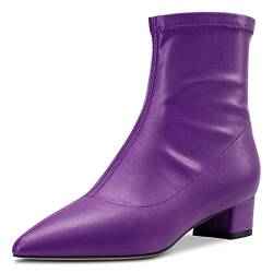 HDEUOLM Damen Chunky Blockabsatz Niedrige Absatz Heel Geschlossene Spitze Zehenkappe Stiefeletten 3.5 CM Heels Slip-on Klassisch Dress Reißverschluss Schuhe Violett Matt A 38 EU von HDEUOLM