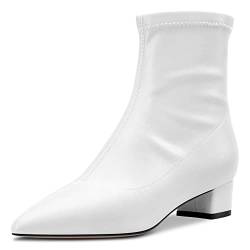 HDEUOLM Damen Chunky Blockabsatz Niedrige Absatz Heel Geschlossene Spitze Zehenkappe Stiefeletten 3.5 CM Heels Slip-on Klassisch Dress Reißverschluss Schuhe Weiß Matt 40 EU von HDEUOLM