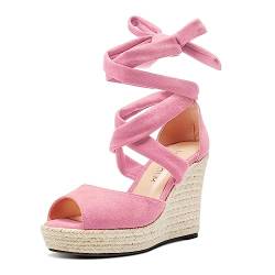 HDEUOLM Damen Hoher High Keilabsatz Plateau Plattform Absatz Heel Peep Open Zehenkappe Sandalen Schnüren Schnürung Abschlussball Cute 10 CM Heels Pfirsichrosa 45 EU von HDEUOLM