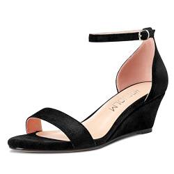 HDEUOLM Damen Mittlerem Absatz Heel Keilabsatz Knöchelriemen Sandalen Peep Open Zehenkappe Clear Dress 5 CM Heels Schuhe Schwarz Wildleder 40 EU von HDEUOLM