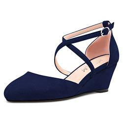 HDEUOLM Damen Mittlerem Keilabsatz Absatz Heel Geschlossene Runde Zehenkappe Sandalen Knöchelriemen Kreuzriemen Schnalle Pumps Hochzeit Büroschuhe Sexy 5 CM Heels Schuhe Blau Wildleder C 42 EU von HDEUOLM