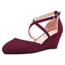 HDEUOLM Damen Mittlerem Keilabsatz Absatz Heel Geschlossene Runde Zehenkappe Sandalen Knöchelriemen Kreuzriemen Schnalle Pumps Hochzeit Büroschuhe Sexy 5 CM Heels Schuhe Burgund Rot Wildleder 40 EU von HDEUOLM