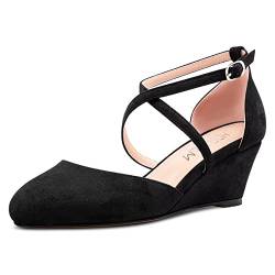 HDEUOLM Damen Mittlerem Keilabsatz Absatz Heel Geschlossene Runde Zehenkappe Sandalen Knöchelriemen Kreuzriemen Schnalle Pumps Hochzeit Büroschuhe Sexy 5 CM Heels Schuhe Schwarz Wildleder 39 EU von HDEUOLM