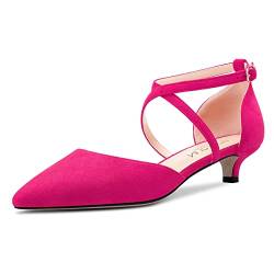 HDEUOLM Damen Niedrige Kitten Absatz Heel Geschlossene Spitze Zehenkappe Sandalen Knöchelriemen Kreuzriemen Schnalle Pumps Hochzeit Sexy Dress 3.5 cm Heels Schuhe Magenta Rot Wildleder 40 EU von HDEUOLM