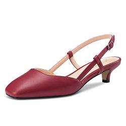 HDEUOLM Damen Niedrige Kitten Absatz Heel Peep Open Eckige Zehenkappe Slingback Slip-on Pumps Cute Dress 3.5 CM Heels Sandalen Burgund Rot 41 EU von HDEUOLM