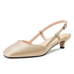 HDEUOLM Damen Niedrige Kitten Absatz Heel Peep Open Eckige Zehenkappe Slingback Slip-on Pumps Cute Dress 3.5 CM Heels Sandalen Gold Matt 43 EU von HDEUOLM