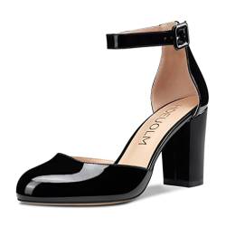 HDEUOLM Damen Pumps mit Mittelhohem Absatz Knöchelriemen Runder Zehe Klobiger Blockabsatz Grundlegende Schuhe in Übergröße 8CM Heel Schwarz Lackleder 39 EU von HDEUOLM