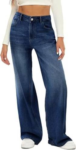 HDLTE Damen-Jeans mit weitem Bein, hohe Taille, Baggy-Jeans, lockere Boyfriend-Jeans, Denim-Hose, Y2K, Dark Wash-02, 36 von HDLTE
