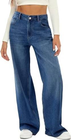 HDLTE Damen-Jeans mit weitem Bein, hohe Taille, Baggy-Jeans, lockere Boyfriend-Jeans, Denim-Hose, Y2K, Dunkelblau-02, M von HDLTE
