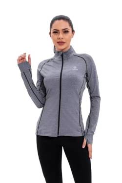 HDTIYUYP Damen Sportjacke UV Trainingsjacke - Laufjacke Leicht Langarm mit Reißverschluss Taschen Full Zip Wanderjacke Frauen Workout Jacke Grau melange L von HDTIYUYP