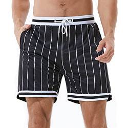 HEALONG Herren Sport-Shorts Basketball Active Mesh Casual Bequeme Shorts für Männer mit Taschen, schwarze Streifen, Groß von HEALONG