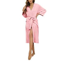 HEARTNICE Bademantel Damen Baumwolle, Kuschel Saune Bademantel Damen leicht Morgenmantel Kimono Hausmantel lang (Rosa, S) von HEARTNICE