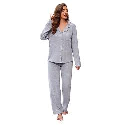 HEARTNICE Damen Fleece Schlafanzug Schlafanzüge für Damen Loungewear Pyjama Damen lang Button Down Superweicher Schlafanzug Langarm Pijamas Damen Set (Dunkelgrau Mel., XL) von HEARTNICE