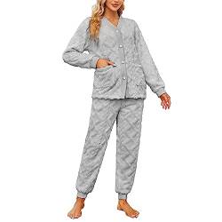 HEARTNICE Schlafanzug Damen lang Set Plüsch Pyjama flauschig Hausanzug warm Schlafanzüge für Damen weich Pyjama Set Lounge Set Freizeitanzug (Hellgrau, XL) von HEARTNICE