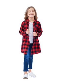 HEARTTOUCH Mädchen Oversize Hemd Kariertes Bluse Shirt Baumwolle Langarmshirt Kinder Plaid Blusenkleid Hemdkleid Longshirt Loose T-Shirt Tunika (A Rot,160,160) von HEARTTOUCH