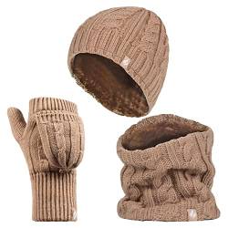 HEAT HOLDERS - Damen Extra Warm Mütze, Handschuhe und Halswärmer Set für Winter mit Fleece Gefüttert (Einheitsgröße, Beige) von HEAT HOLDERS