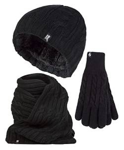 HEAT HOLDERS Damen Mutze Schal Handschuhe Set Fleece Strickmütze Winterschal Thermo Handschuhe Set (S-M, Schwarz) von HEAT HOLDERS