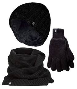 HEAT HOLDERS Herren Stricken Mütze Schal Handschuhe Set Luxuriös Warme Fleece Thermo Winterse (L-XL, Schwarz) von HEAT HOLDERS