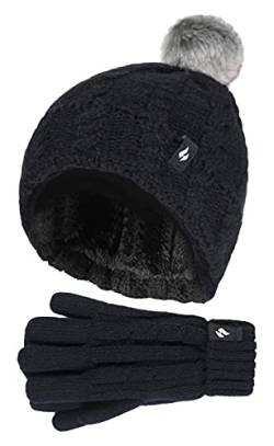 HEAT HOLDERS - Mädchen WinterMütze Bommel Pompom und Handschuhe Set (7-10 Jahre, Schwarz) von HEAT HOLDERS