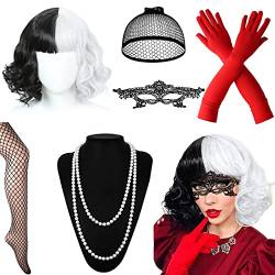 HEAWAA Cruella Perücke Kostüm für Damen, 7Pcs Halloween Accessoires mit Kurz Schwarz Weiß Perücken Spitze Maske Handschuhe Halskette Netzstrümpfe für Cosplay Fasching von HEAWAA