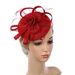 Damen-Fascinator-Hut mit Stirnband und Clip, Leinen, Blumen- und Feder-Kopfbedeckung, Derby-Kopfbedeckung for Damen und Mädchen, Hochzeiten, Stirnband Mode-Stirnbänder (Color : R) von HEBBES