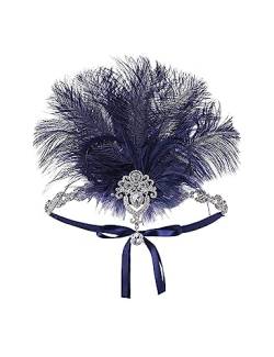 Damen Feder Kristall Stirnband Feder Stirnband Flapper Kopfschmuck Vintage 1920er Jahre Party Fotografie Haarschmuck Damen Geschenke Federn Stirnband (Color : Navy Blue) von HEBBES