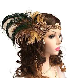 Feder-Stirnband for Damen, glänzender Strass-Gold-Perlen-Blatt-Stirnband, Stirndekoration, Braut-Kopfschmuck, Abschlussball, Party, Haarschmuck Federn Stirnband von HEBBES