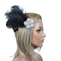 Frauen Vintage Feder Stirnband Schwarz Strass Perlen Pailletten Haarband 1920er Jahre Gatsby Kopfschmuck Prom Party Haar Zubehör Federn Stirnband (Color : G) von HEBBES